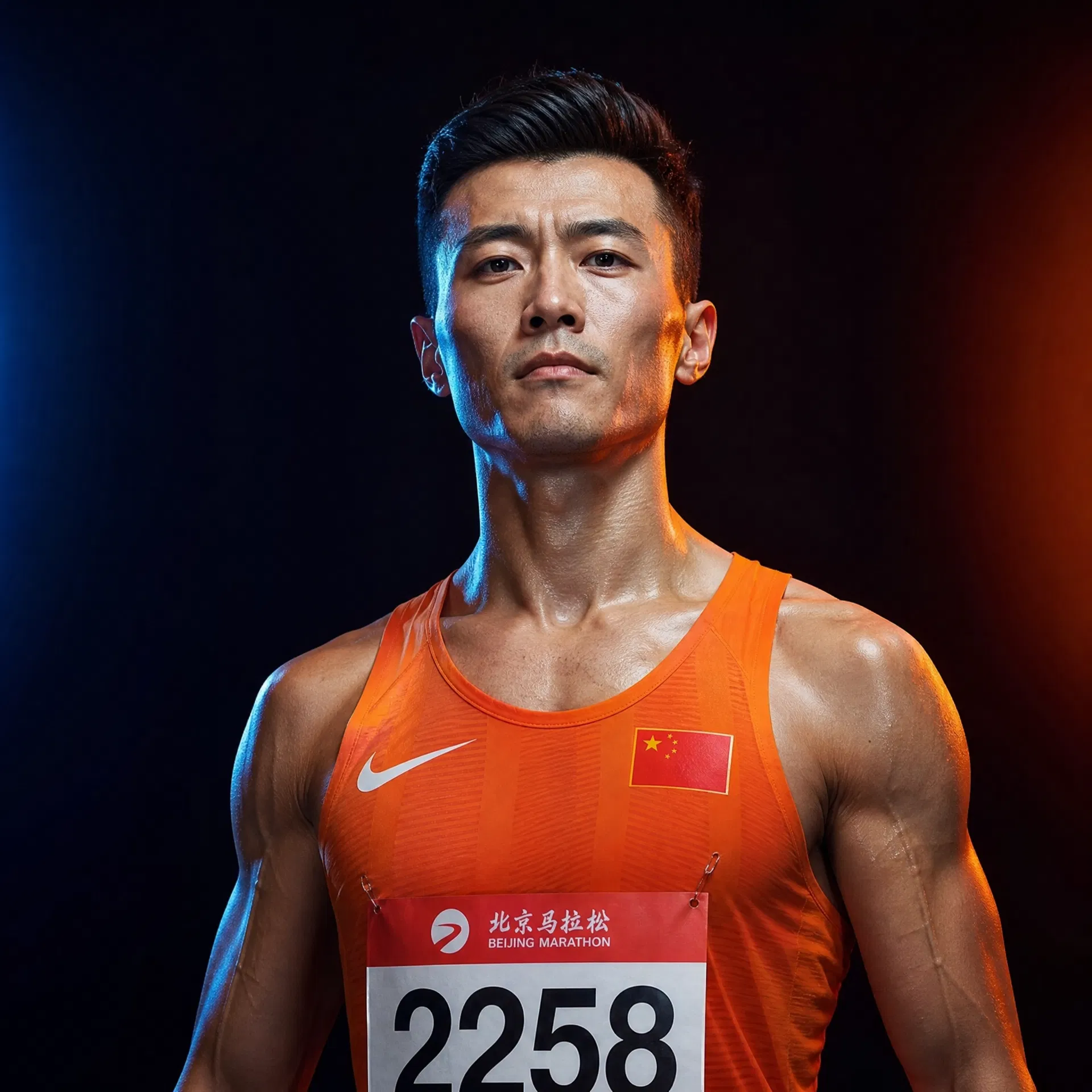 身着橙色背心神情坚毅的男子马拉松运动员肖像